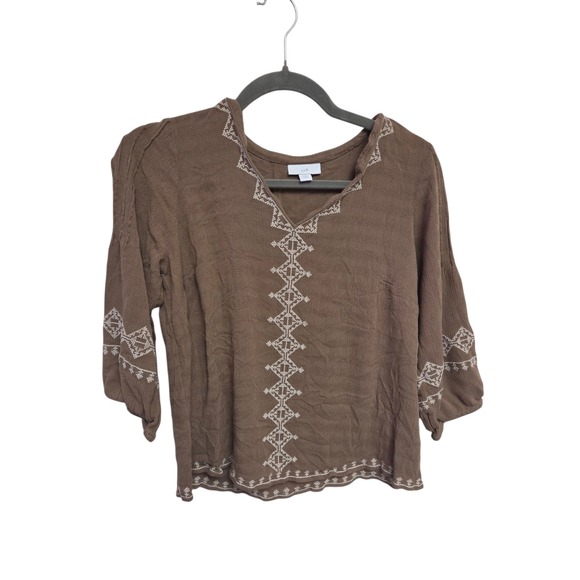 J. Jill Embroidered Peasant Top Bohemian Blouse 3/4 Sleeve Brown Petite‎ S - Picture 1 of 6